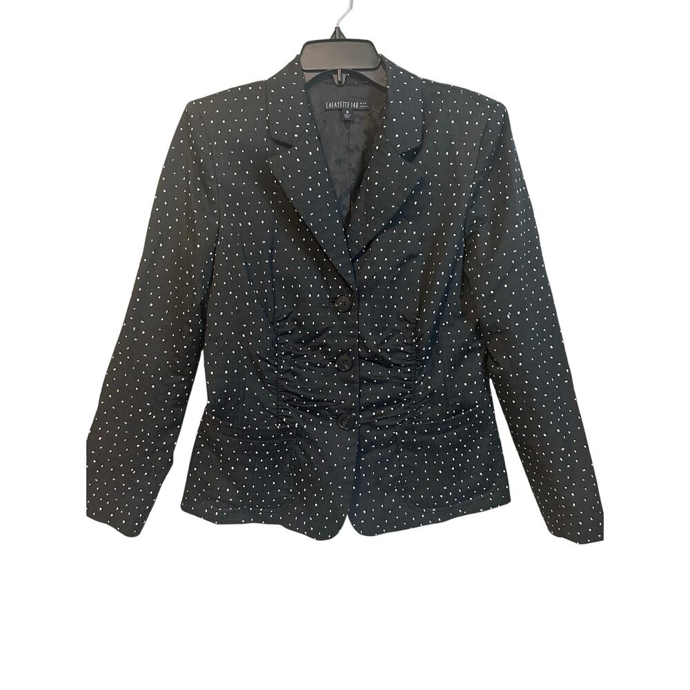 Lafayette 148 New York Sz 10 Black White Polka Dot Ruched Blazer Jacket Stretch